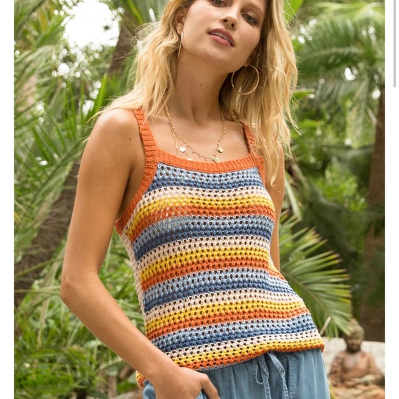 Hem & Thread Orange Blue Yellow Orange Stripe Crochet Knit Boho Tank Top Sz S - Picture 1 of 9